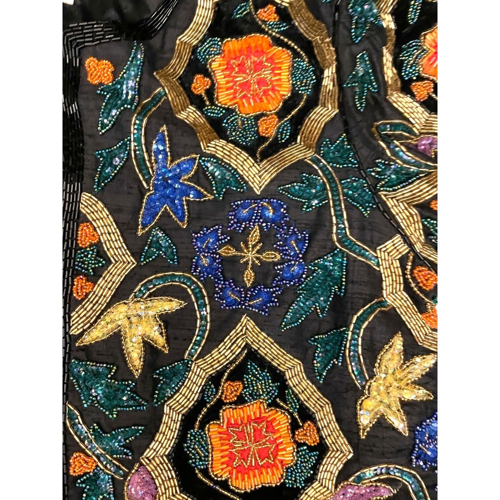Vintage Cache Womens Open Front Jacket Small Black Silk Ornate Floral Beaded - Picture 10 of 13
